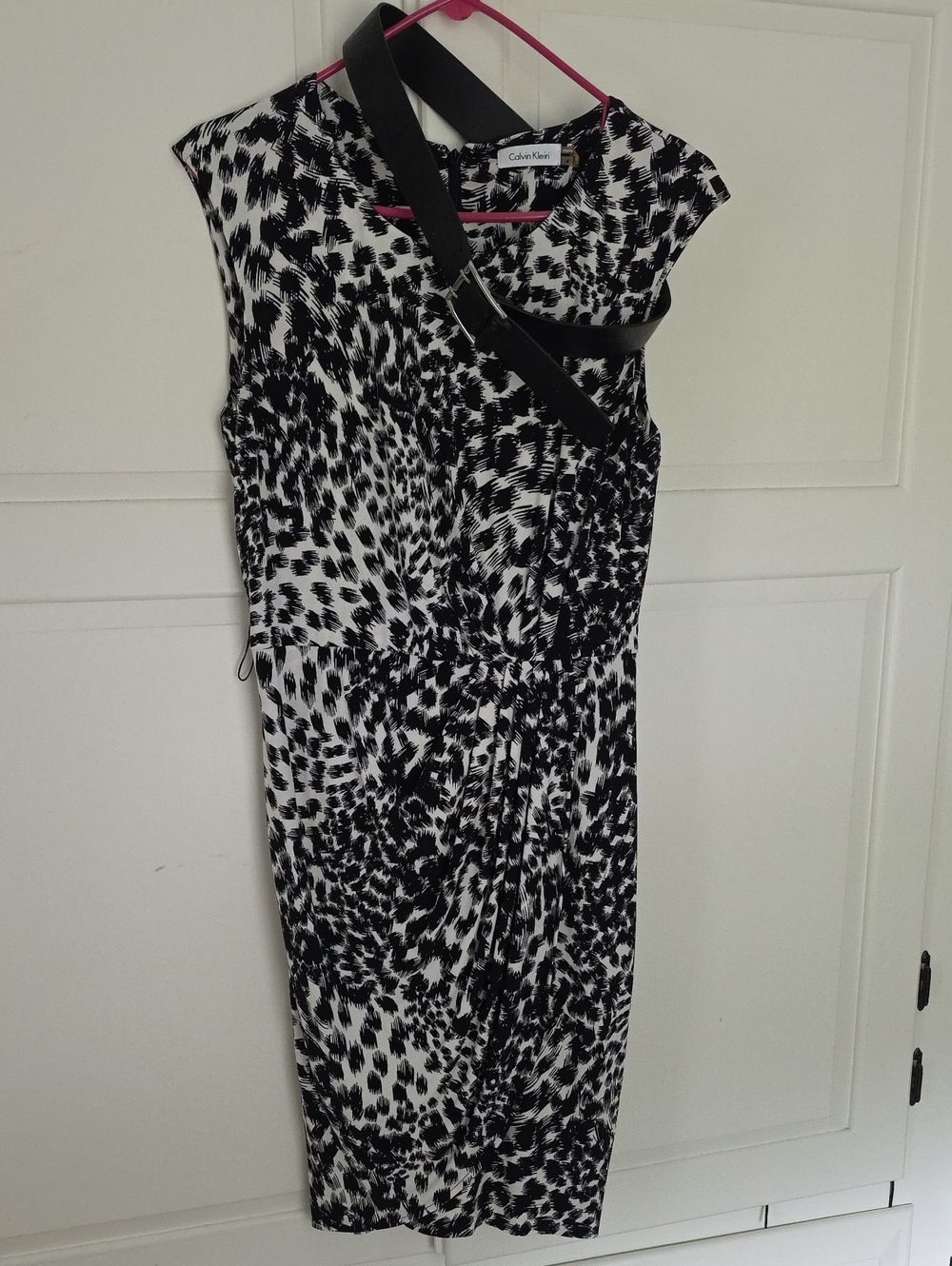 Calvin Klein Black and White Printed Belted Midi Dress